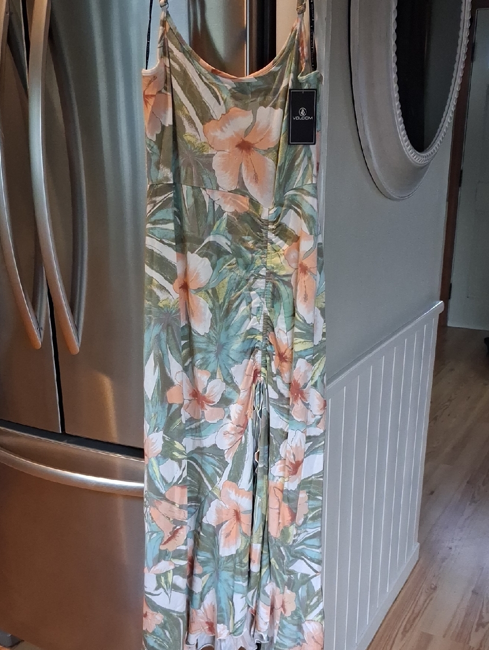 Volcom Green & Peach Floral Strappy Wide-Leg Dress